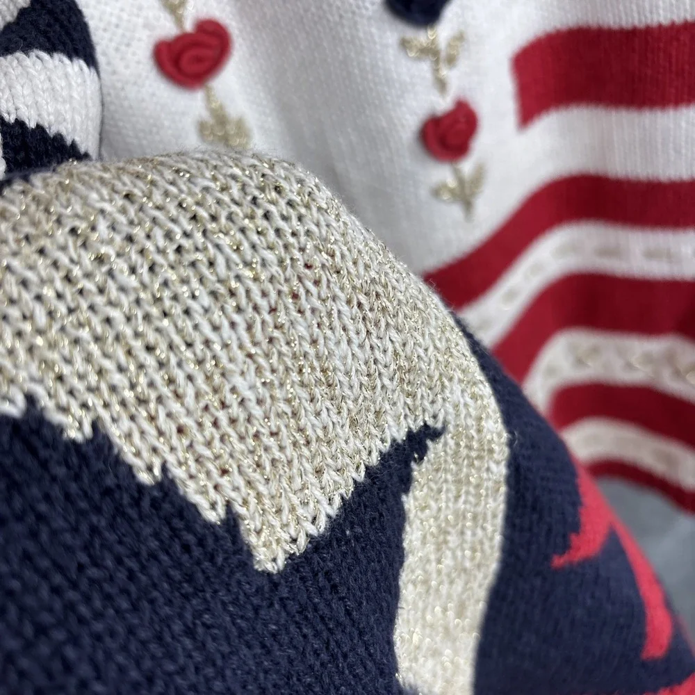 Vintage 90s Patriotic Teacher Sweater M Flag Red Blue Embroidered Patchwork